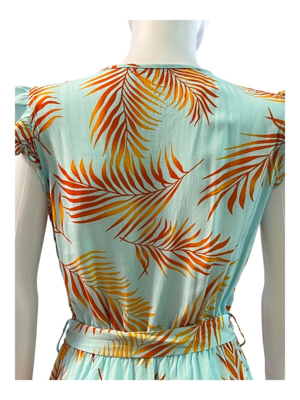 EUC Cupshe teal orange tropical leaf flutter sleeve romper | size M - Picture 5 of 9